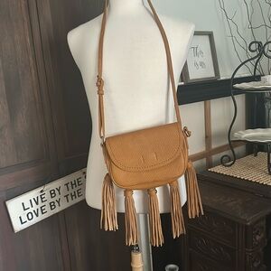 SHIRALEAH Chicago brand, mustard color, saddle bag purse, LEATHER with tassels!